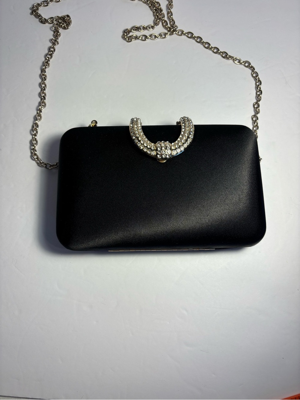 Title:Vintage La Regale Black Satin Hard Shell Evening Clutch Rhinestone Clasp